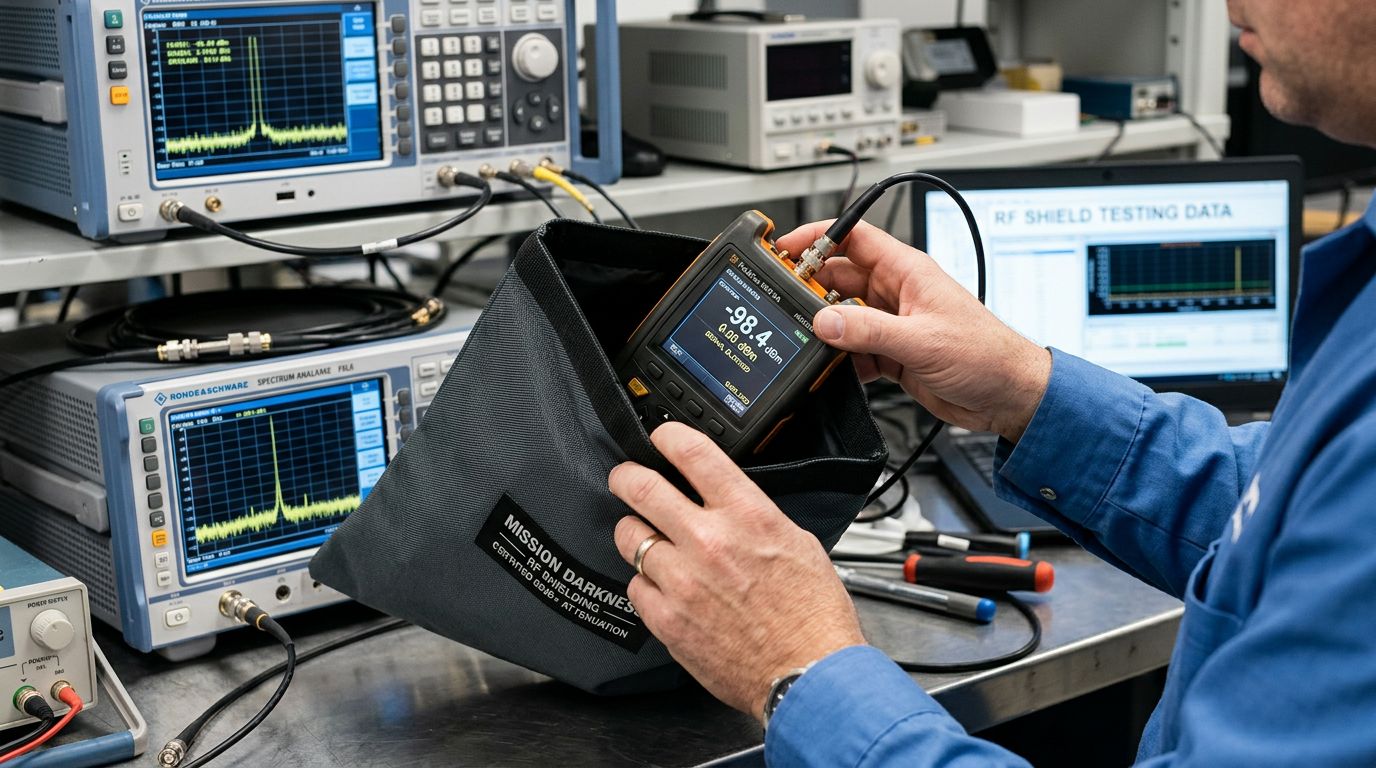 Testing faraday bag shielding performance with an RF signal meter