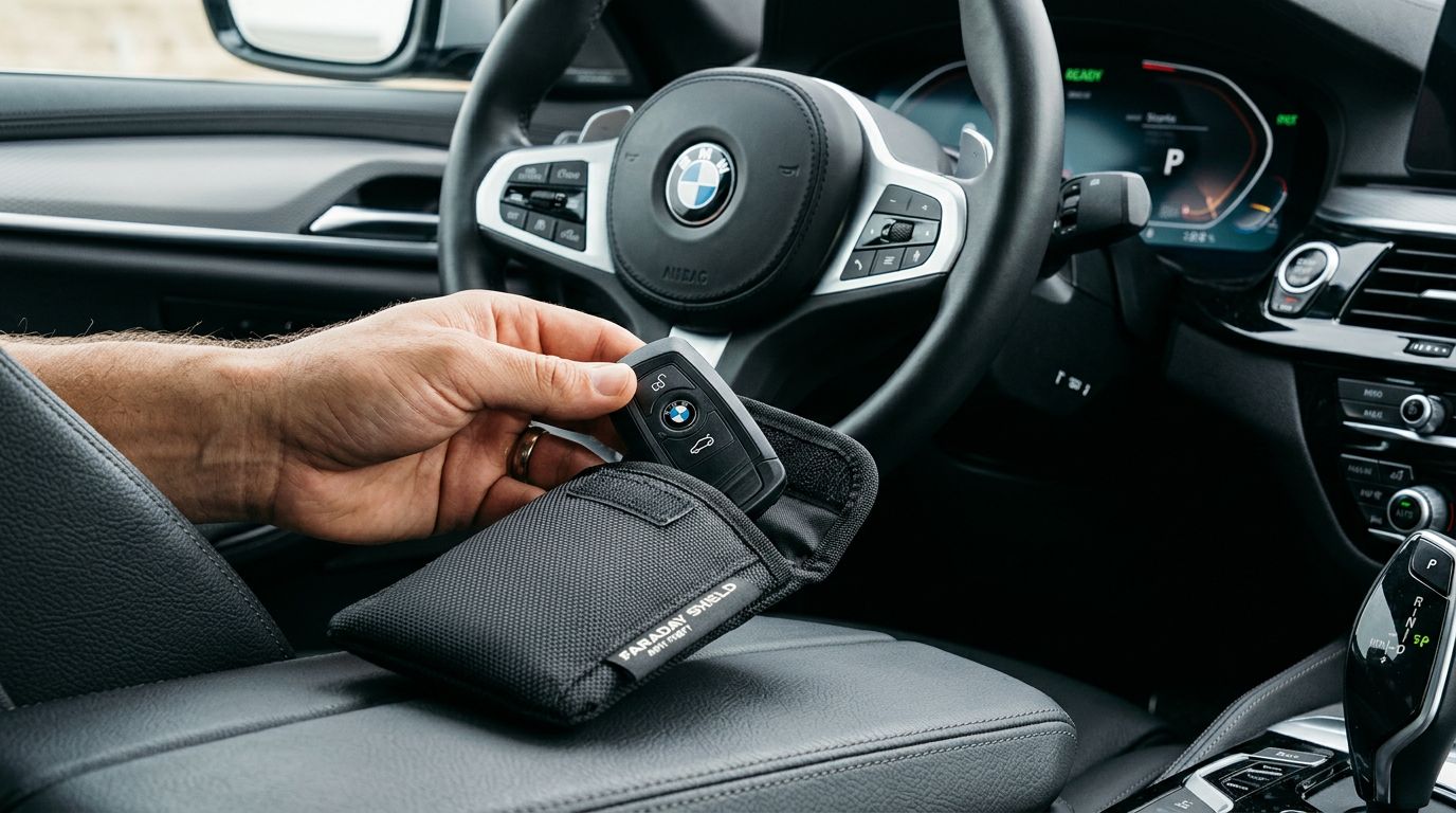Faraday bag protecting car key fob from relay theft attacks